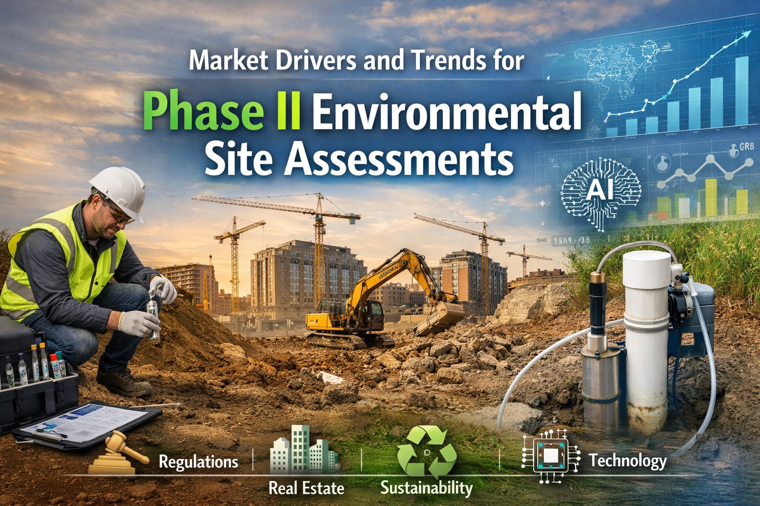 Phase II Environmental Site Assessment with soil sampling, construction redevelopment site, groundwater monitoring equipment, and environmental data analytics illustrating market drivers and trends