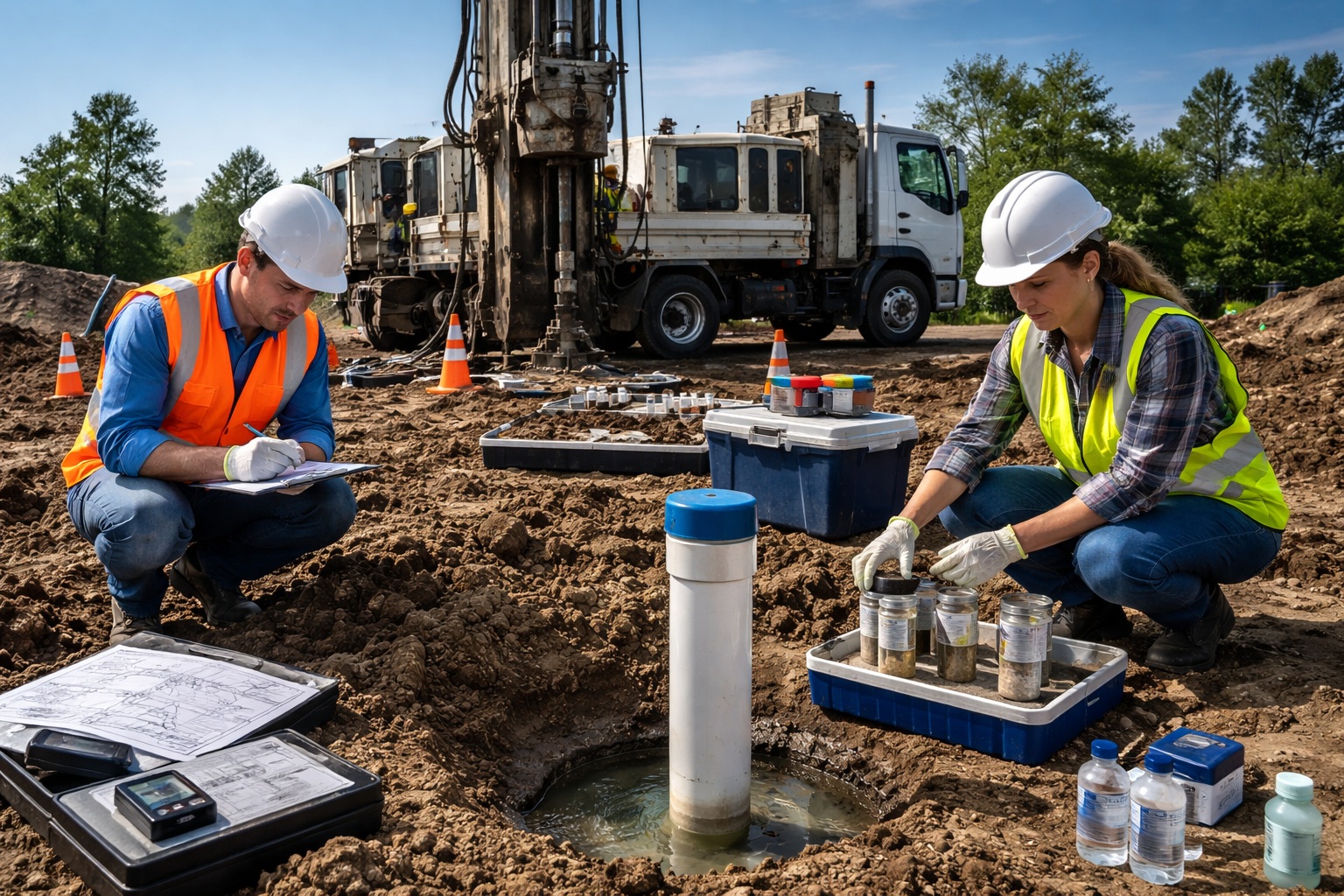 Phase II Environmental Site Assessment showing soil sampling, groundwater monitoring well, and drilling rig during subsurface investigation
