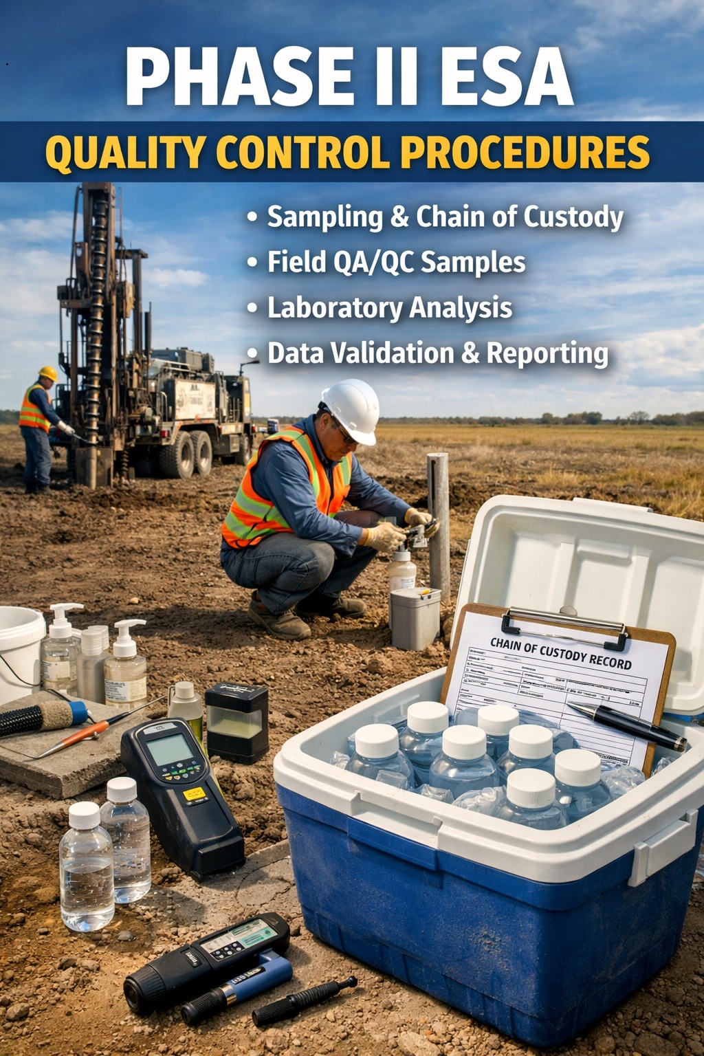 Environmental technician performing groundwater sampling with chain of custody and QA QC procedures during Phase II ESA