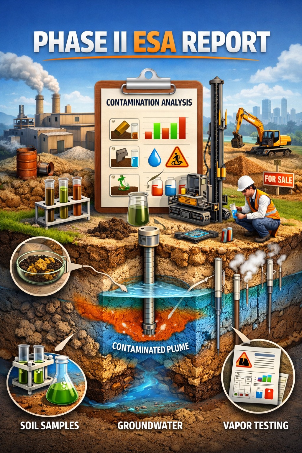 Phase II Environmental Site Assessment report showing soil sampling, groundwater contamination plume, and vapor testing analysis