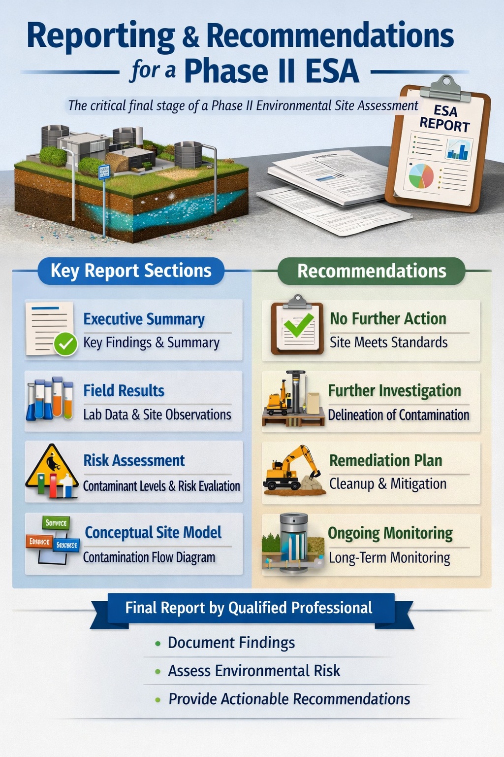 Infographic showing reporting and recommendations process for Phase II Environmental Site Assessment including risk assessment and remediation options