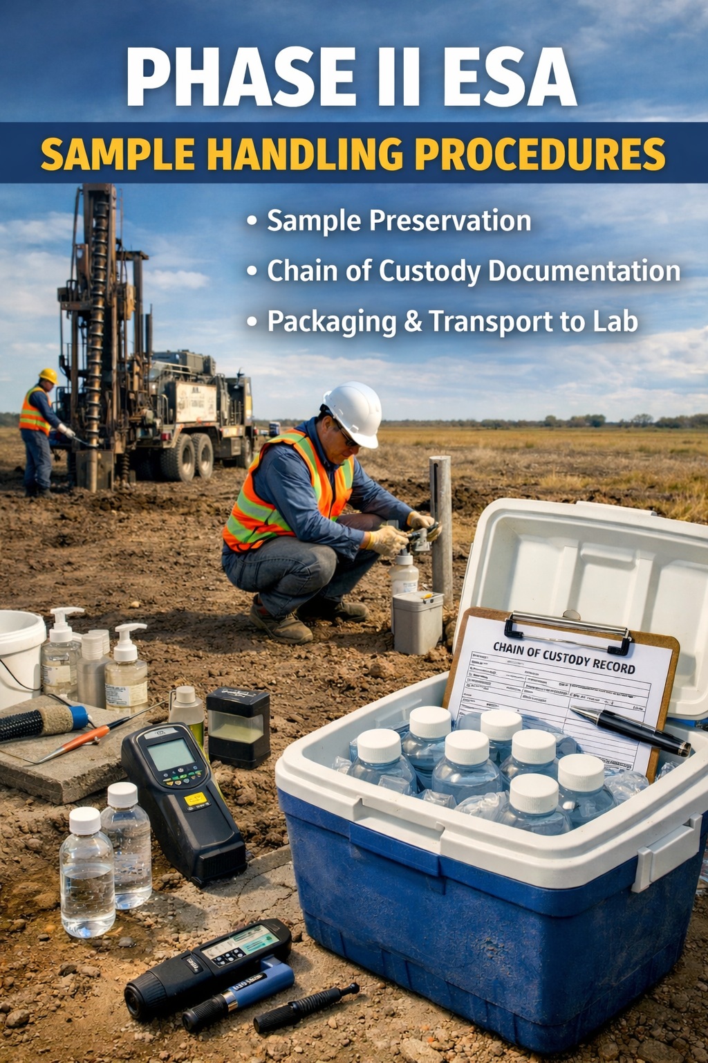 Environmental technician collecting soil sample with proper sample handling procedures including chain of custody and cooler storage during Phase II ESA