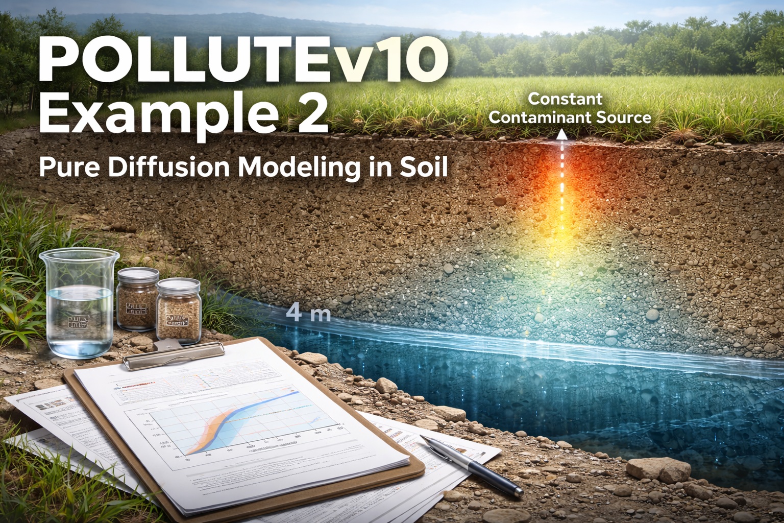 POLLUTEv10 Example 2 pure diffusion modeling in soil showing contaminant gradient through 4 meter soil layer