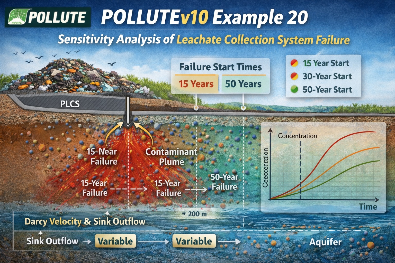 Sensitivity analysis of leachate collection system failure showing contaminant transport in landfill and aquifer