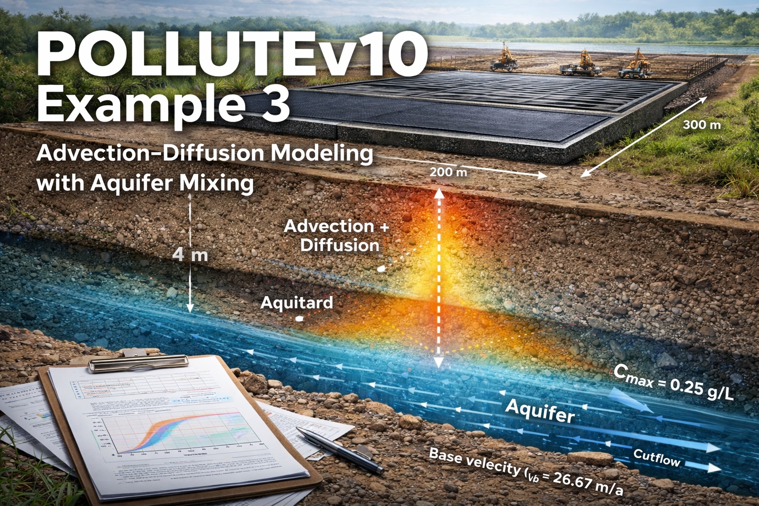 POLLUTEv10 Example 3 advection diffusion modeling showing contaminant transport from landfill through aquitard into aquifer with mixing