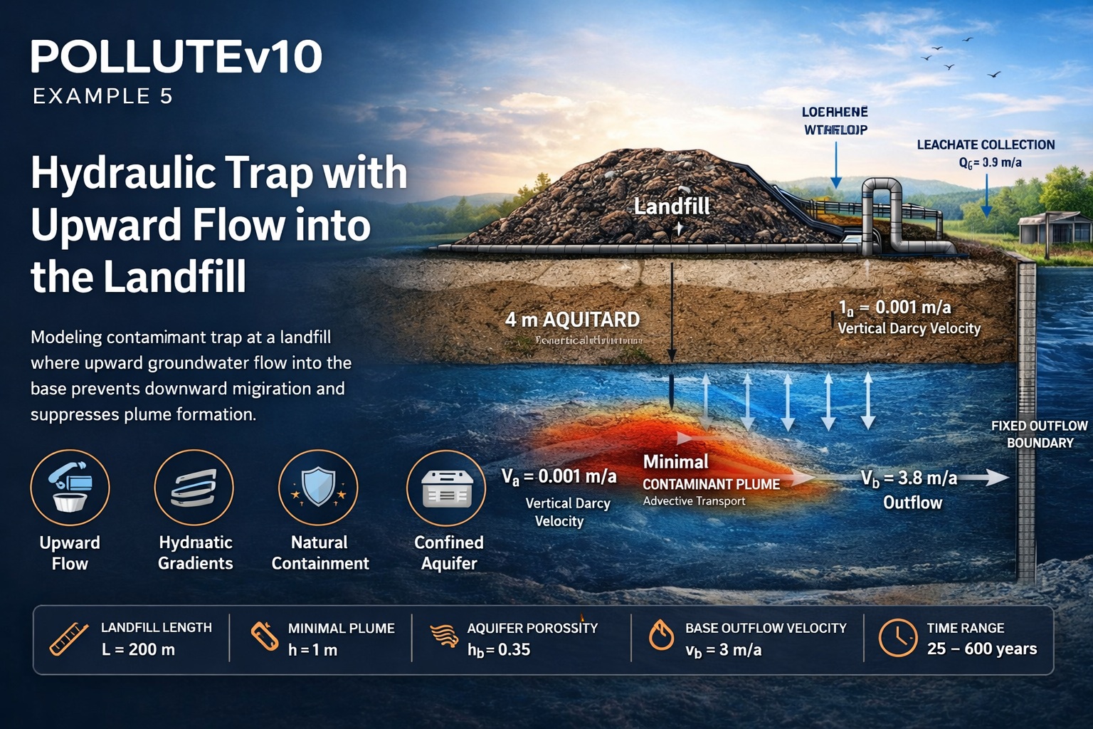 POLLUTEv10 Example 5 diagram showing hydraulic trap with upward groundwater flow into landfill reducing contaminant plume migration in aquifer