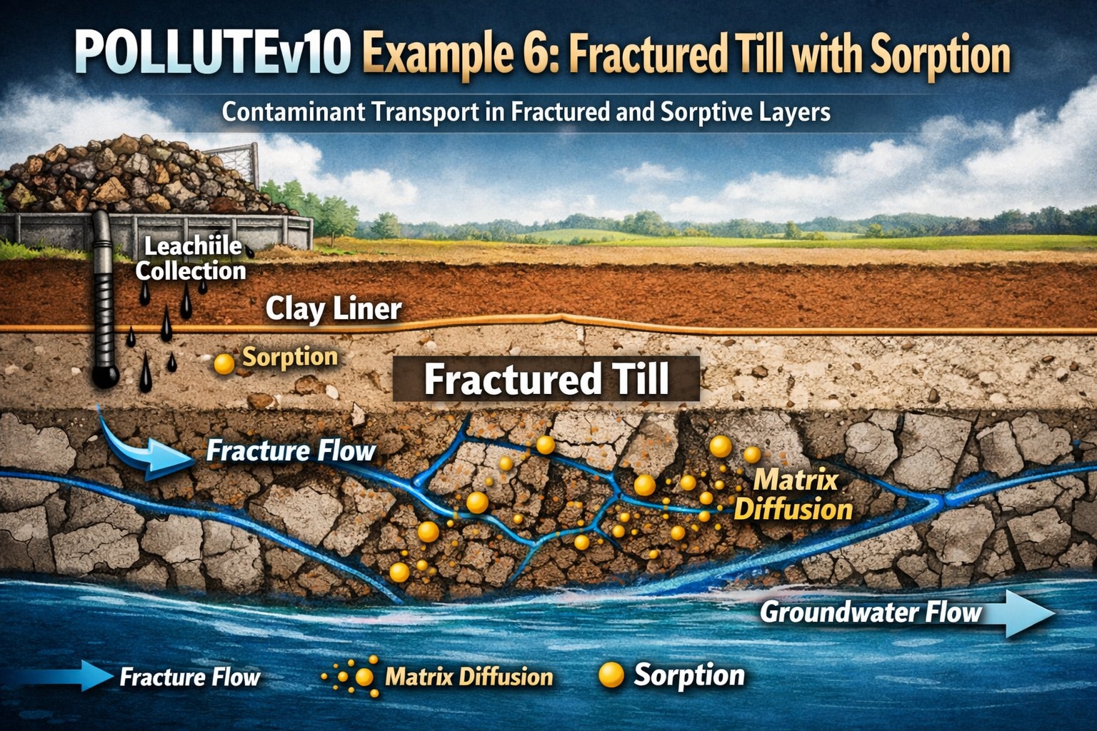 POLLUTEv10 Example 6 diagram showing contaminant transport through clay liner and fractured till with sorption, fracture flow, and matrix diffusion into an underlying aquifer
