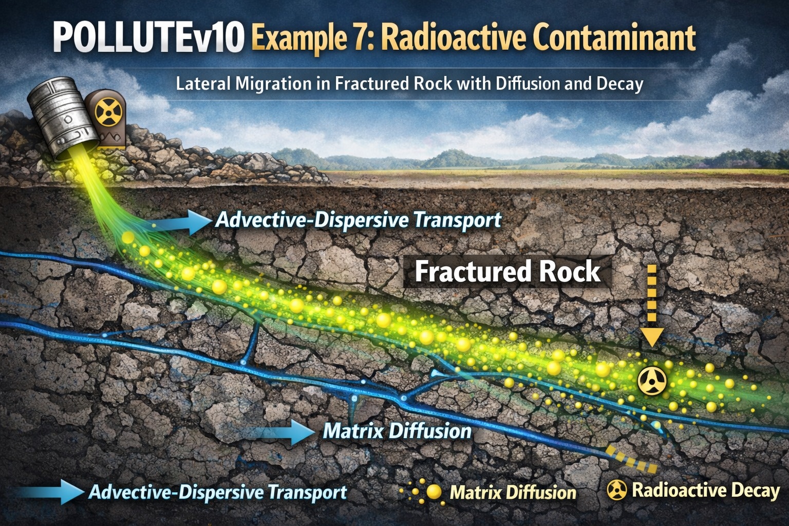 POLLUTEv10 Example 7 diagram showing radioactive contaminant transport through fractured rock with advective-dispersive flow, matrix diffusion, and radioactive decay
