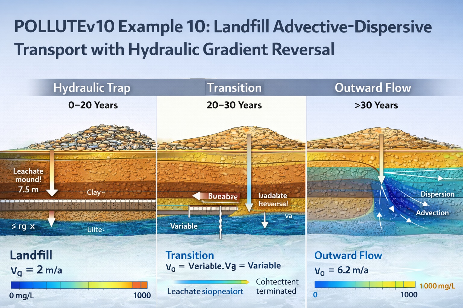 POLLUTEv10 simulation of landfill leachate transport showing hydraulic gradient reversal and contaminant plume