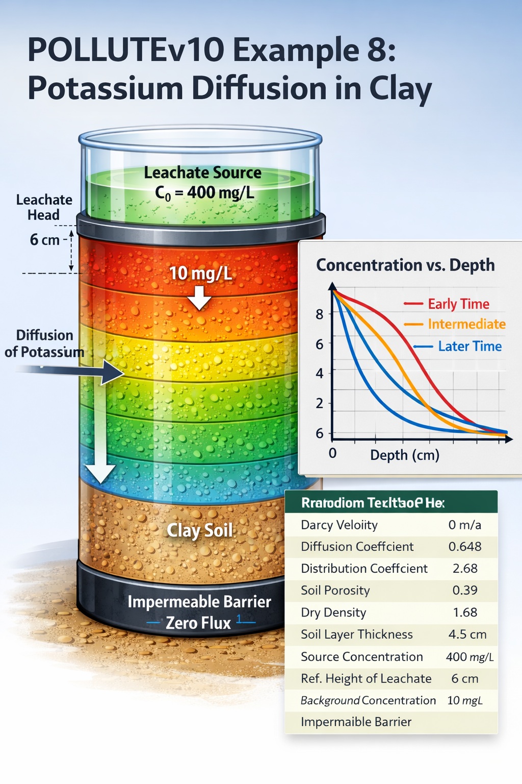 POLLUTEv10 model showing potassium diffusion through clay with concentration gradient and impermeable base