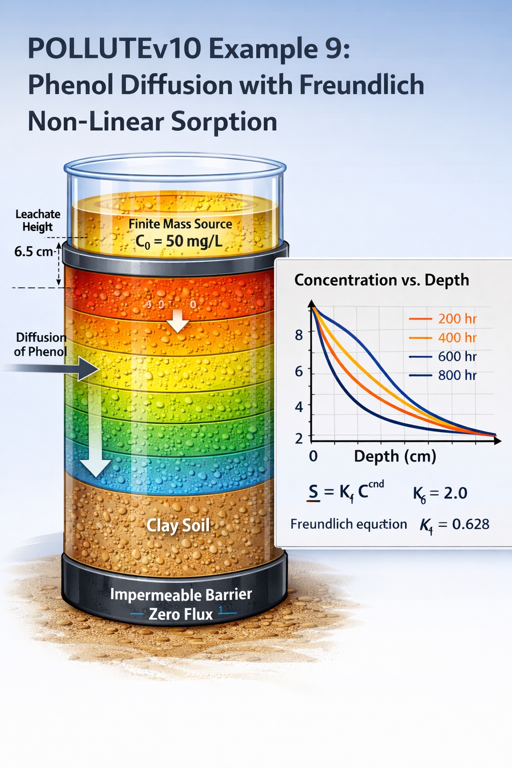 POLLUTEv10 simulation of phenol diffusion in clay with Freundlich non-linear sorption and finite mass source