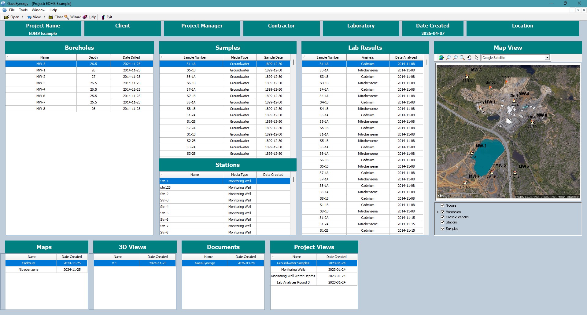 GaeaSynergy project dashboard showing map, boreholes, sample stations, lab results, geotechnical tests and 3D views