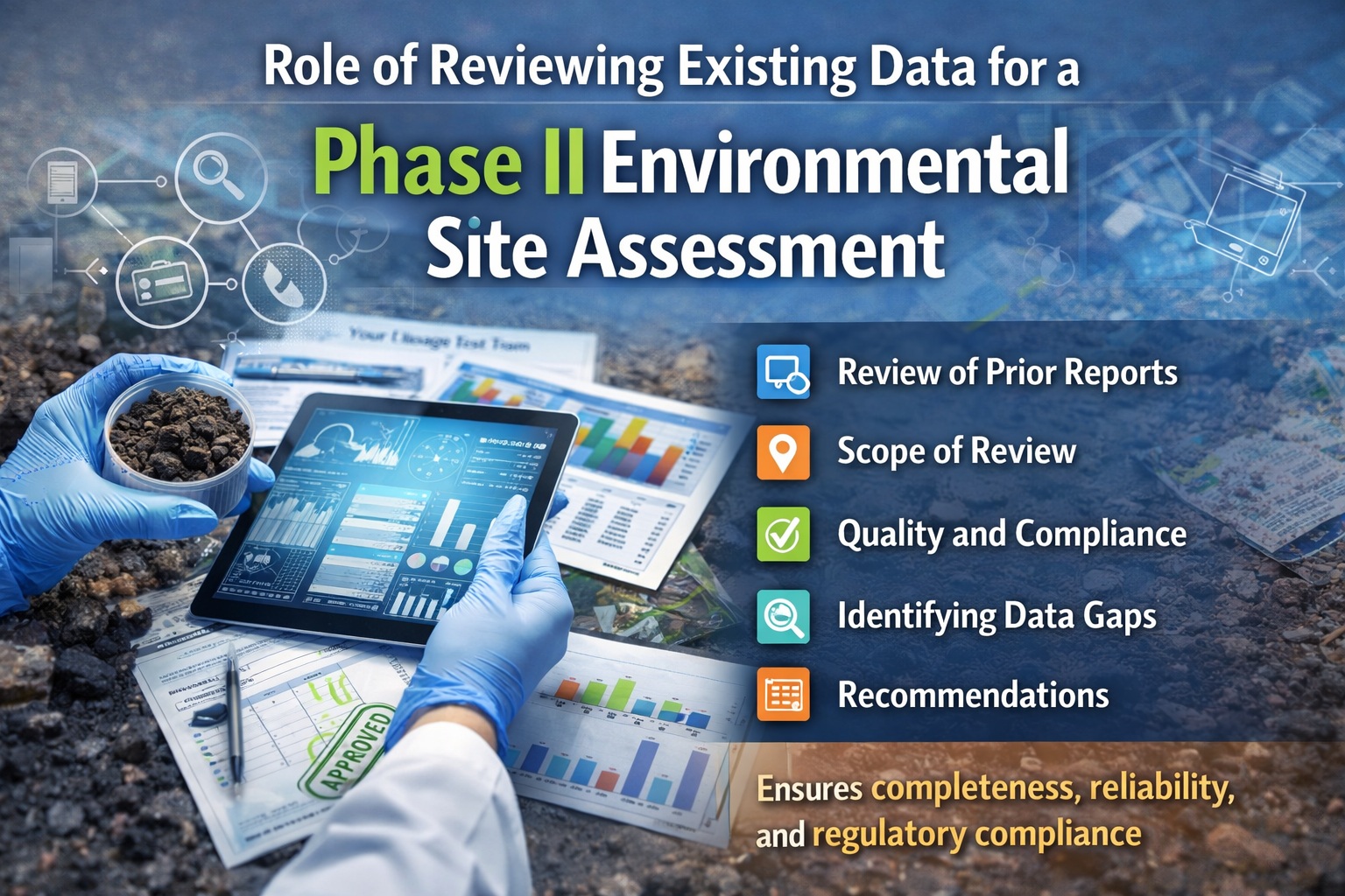 Infographic showing review of existing data for Phase II Environmental Site Assessment including soil sampling, data analysis, QAQC evaluation, and identification of data gaps