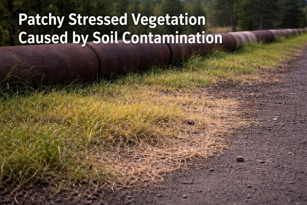 Patchy stressed vegetation and dead grass caused by soil contamination near industrial pipeline