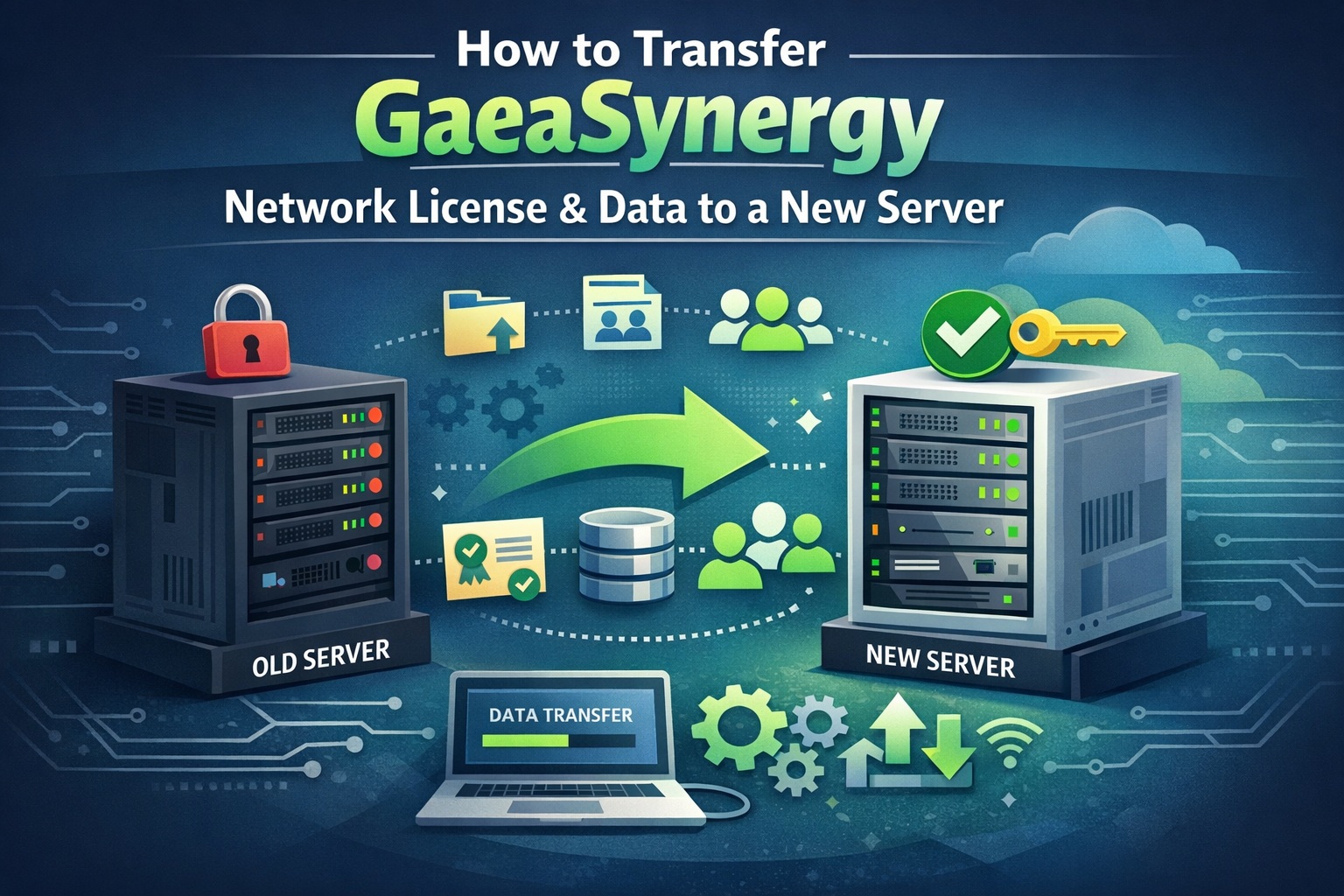 Transfer GaeaSynergy network license and data from old server to new server with secure migration process illustration
