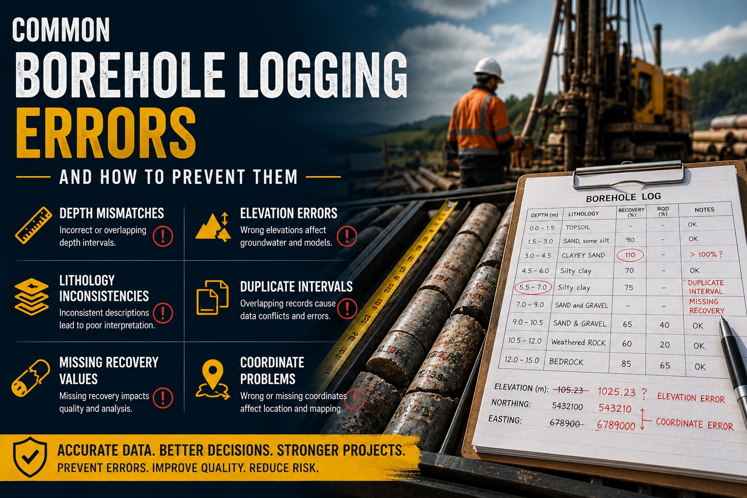 Borehole drilling site with core samples and annotated borehole log illustrating common borehole logging errors including depth mismatches, elevation errors, duplicate intervals, and coordinate problems.