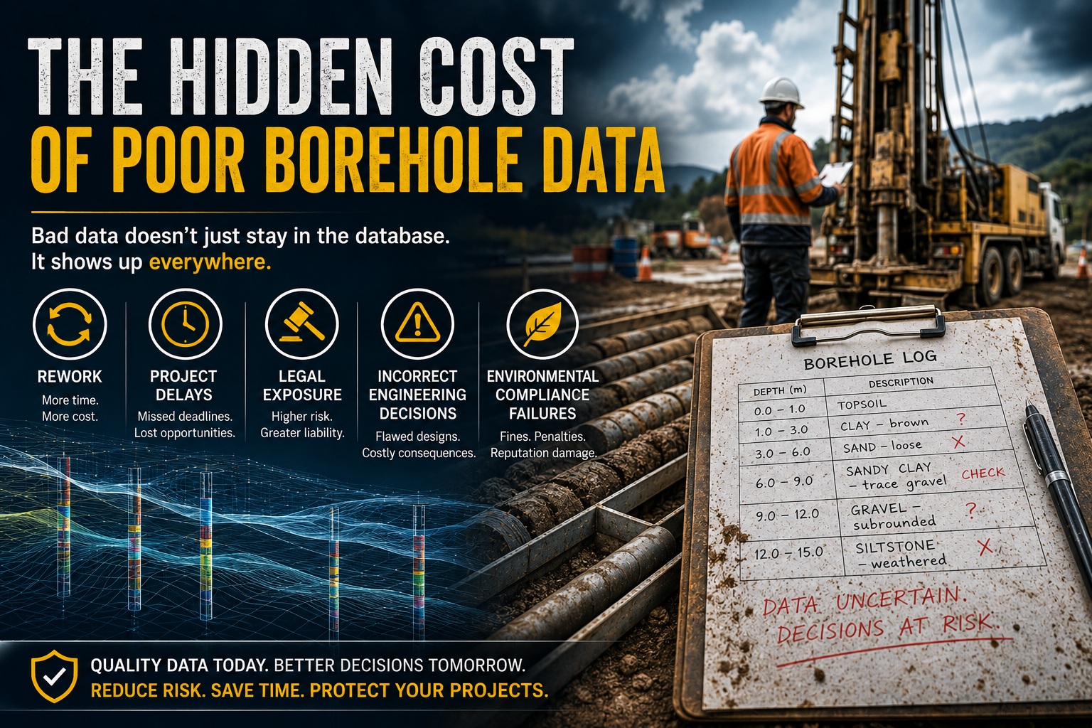 Drilling rig and borehole core samples illustrating the hidden costs of poor borehole data including project delays, legal exposure, engineering errors, and environmental compliance failures.