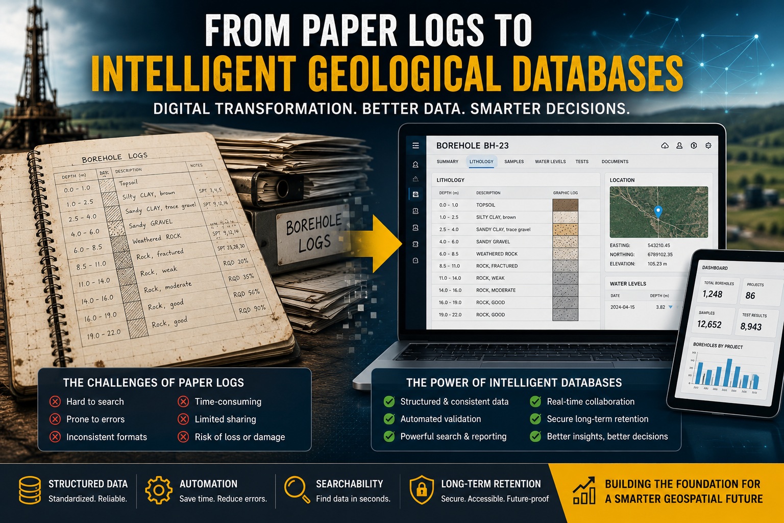 Digital transformation of geological data management showing paper borehole logs evolving into intelligent geological databases with automation, structured data, and searchable digital records.