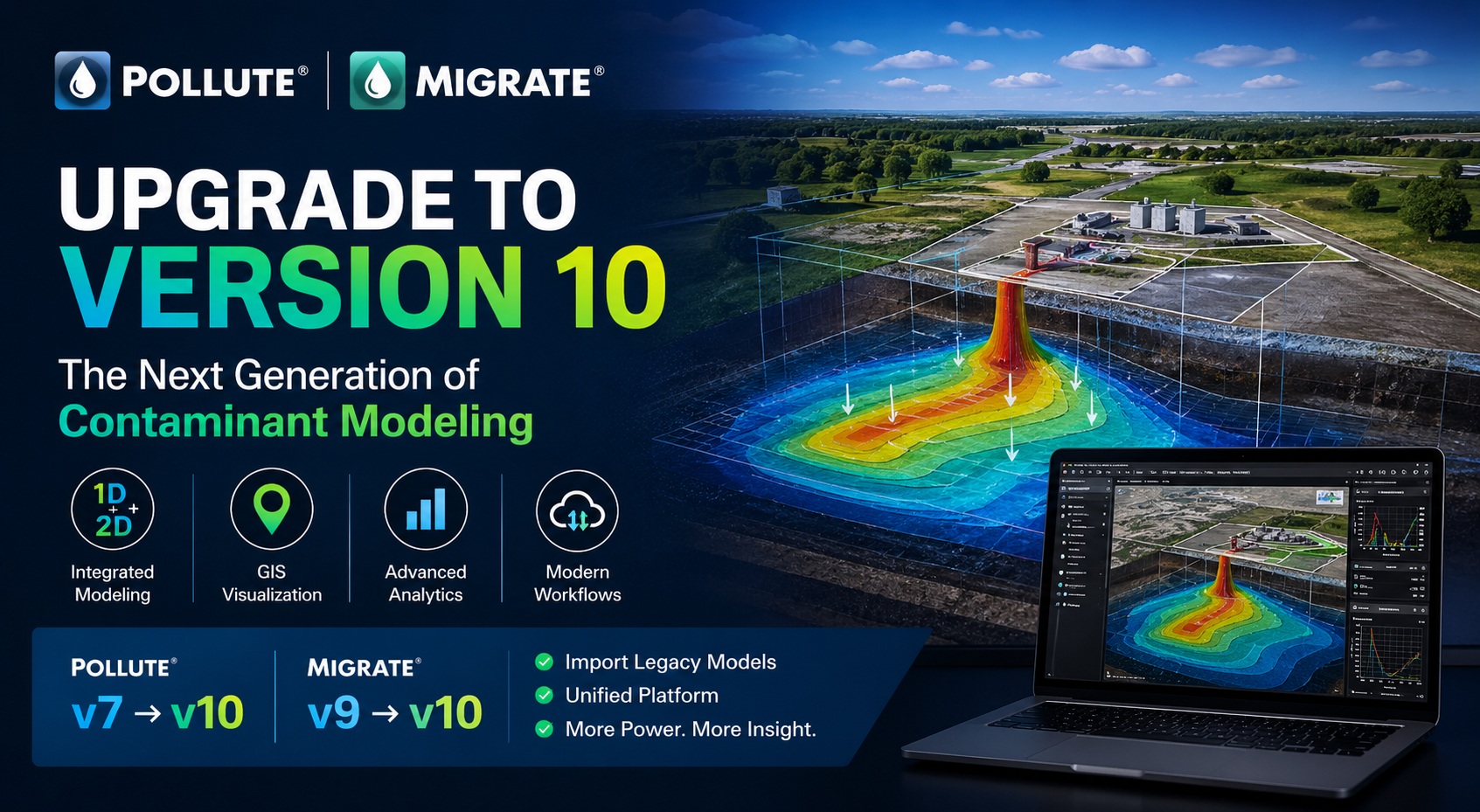 Upgrade to POLLUTE v10 and MIGRATE v10 contaminant modeling software with GIS visualization and integrated 1D and 2D analysis