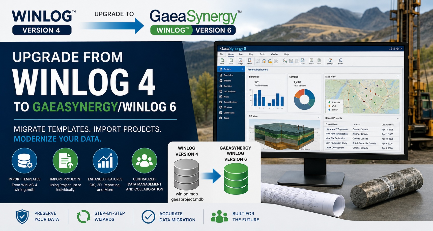 WinLoG 4 to GaeaSynergy WinLoG 6 project and template migration dashboard