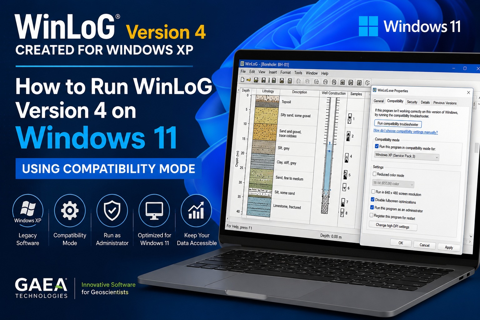 WinLoG Version 4 running on Windows 11 with compatibility mode settings configured for Windows XP compatibility.