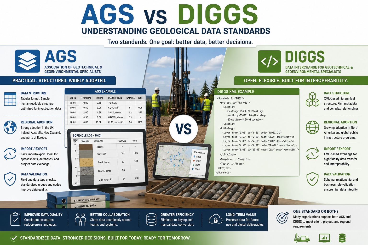 AGS vs DIGGS geological data standards comparison showing structured geotechnical data exchange, interoperability, import and export capabilities, regional adoption, and data validation workflows.