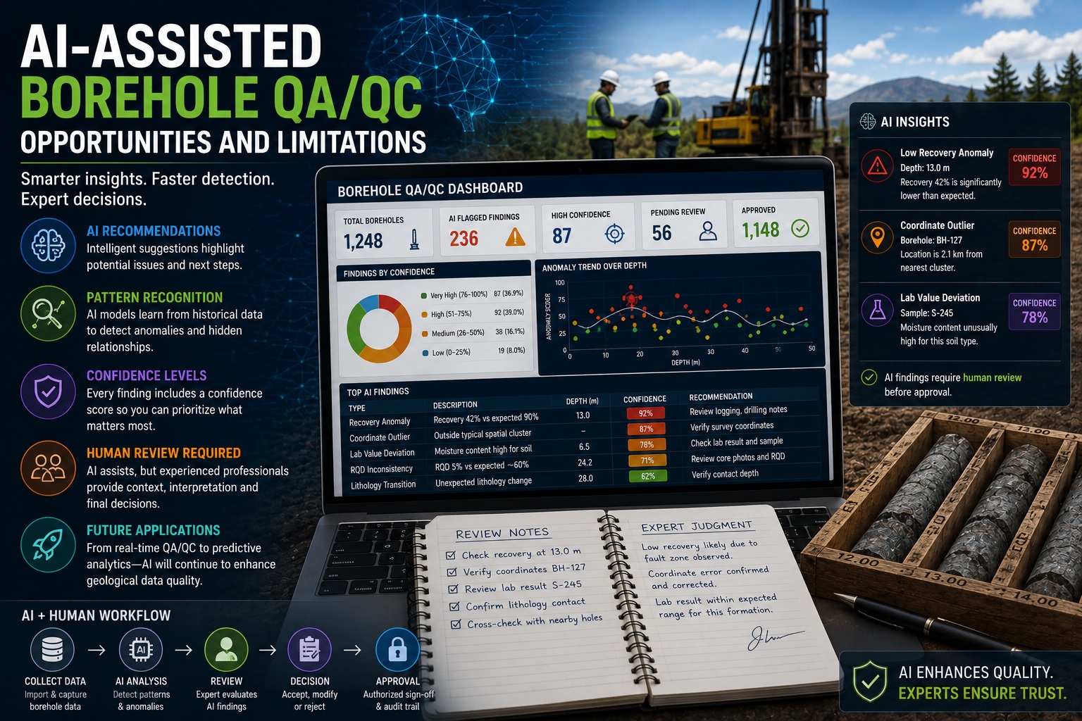 AI-assisted borehole QA/QC dashboard showing anomaly detection, pattern recognition, confidence scoring, human review workflow, and geological data quality management.