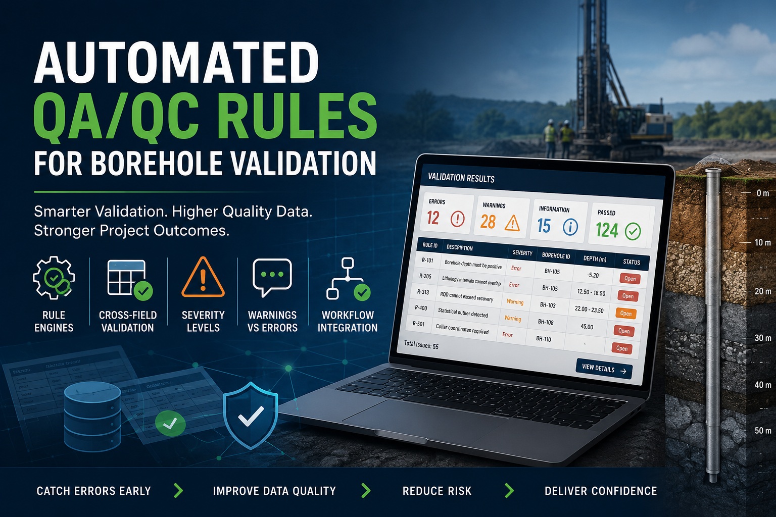 Automated QA QC rules for borehole validation showing rule engine dashboard, validation results, severity levels, workflow integration, and borehole data quality management.