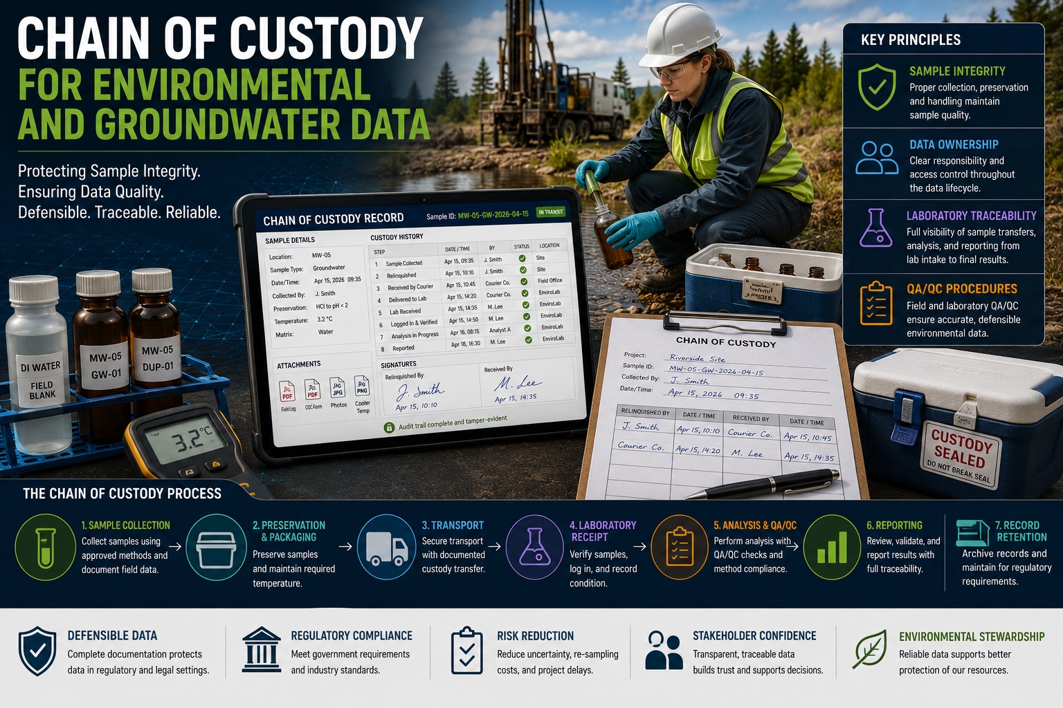 Chain of custody for environmental and groundwater data showing sample integrity, laboratory traceability, QA/QC procedures, sample tracking, and environmental compliance workflows.