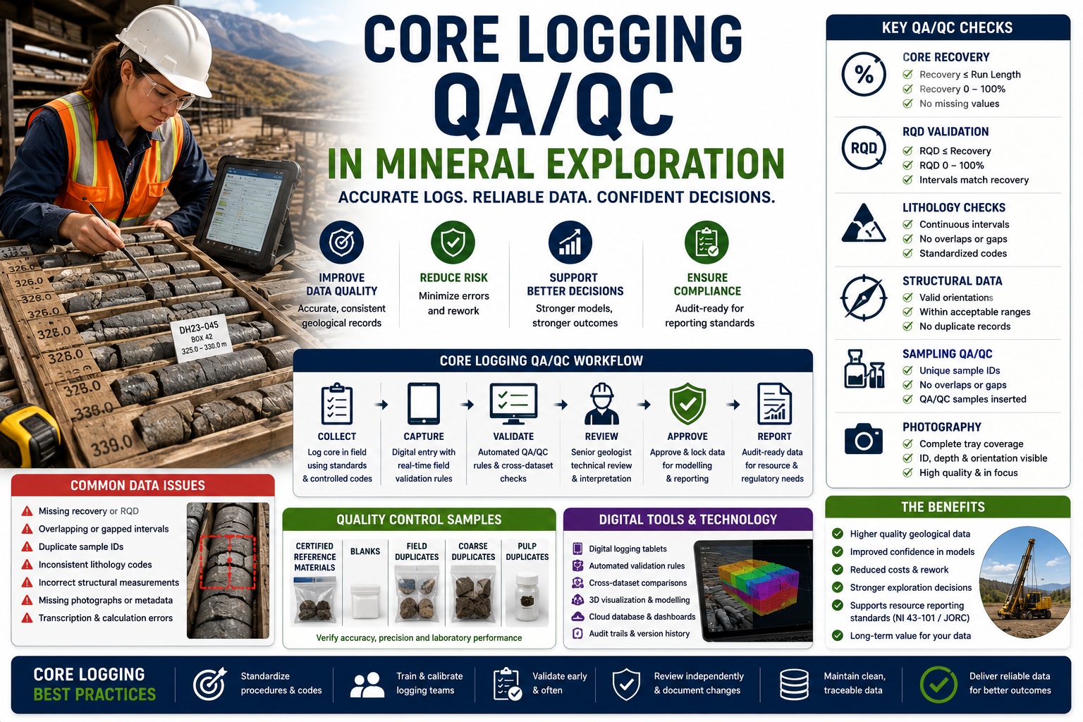 Core Logging QA/QC in mineral exploration infographic showing core recovery validation, RQD checks, lithology logging, sampling QA/QC, digital logging, and geological data validation.
