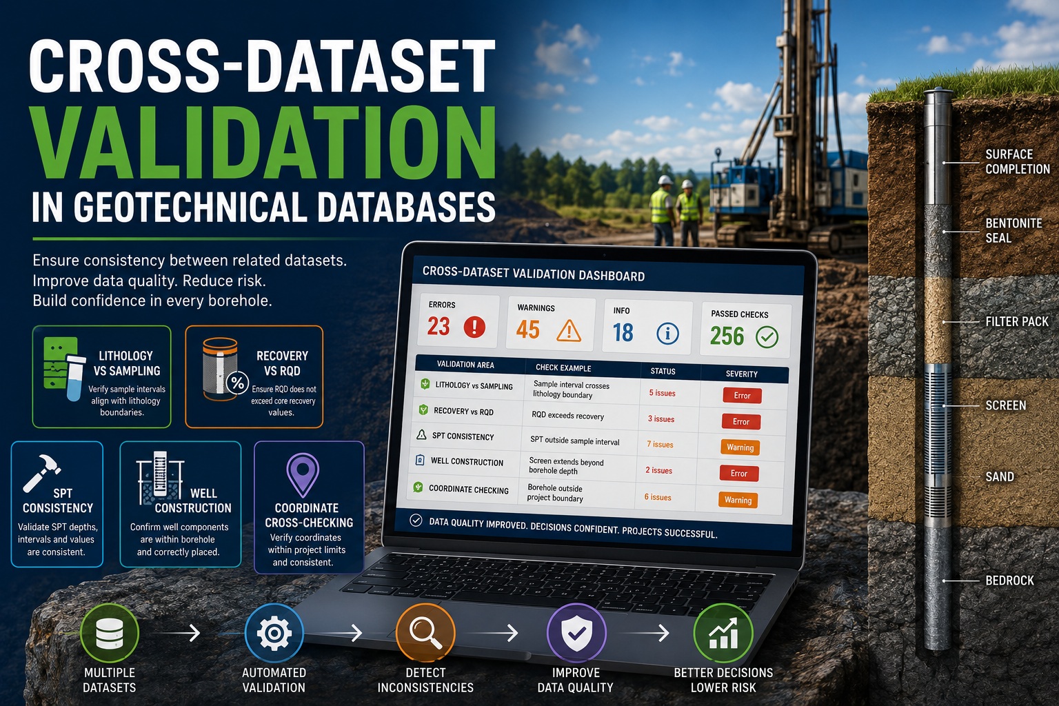Cross-dataset validation in geotechnical databases showing lithology versus sampling, recovery versus RQD, SPT consistency, well construction validation, coordinate cross-checking, and automated QA/QC dashboard.