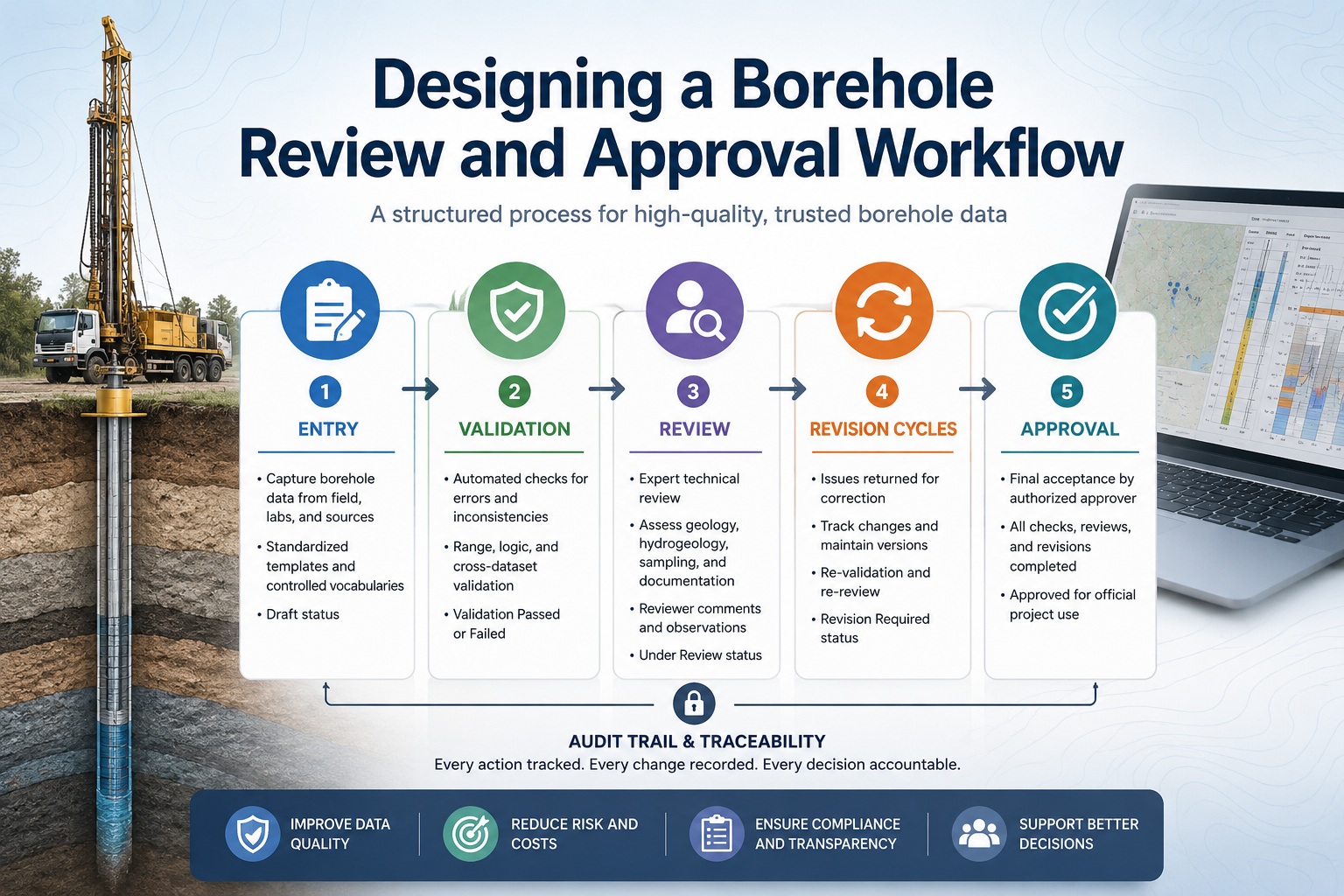 Borehole review and approval workflow showing data entry, validation, technical review, revision cycles, and final approval stages for geological and environmental QA/QC processes.