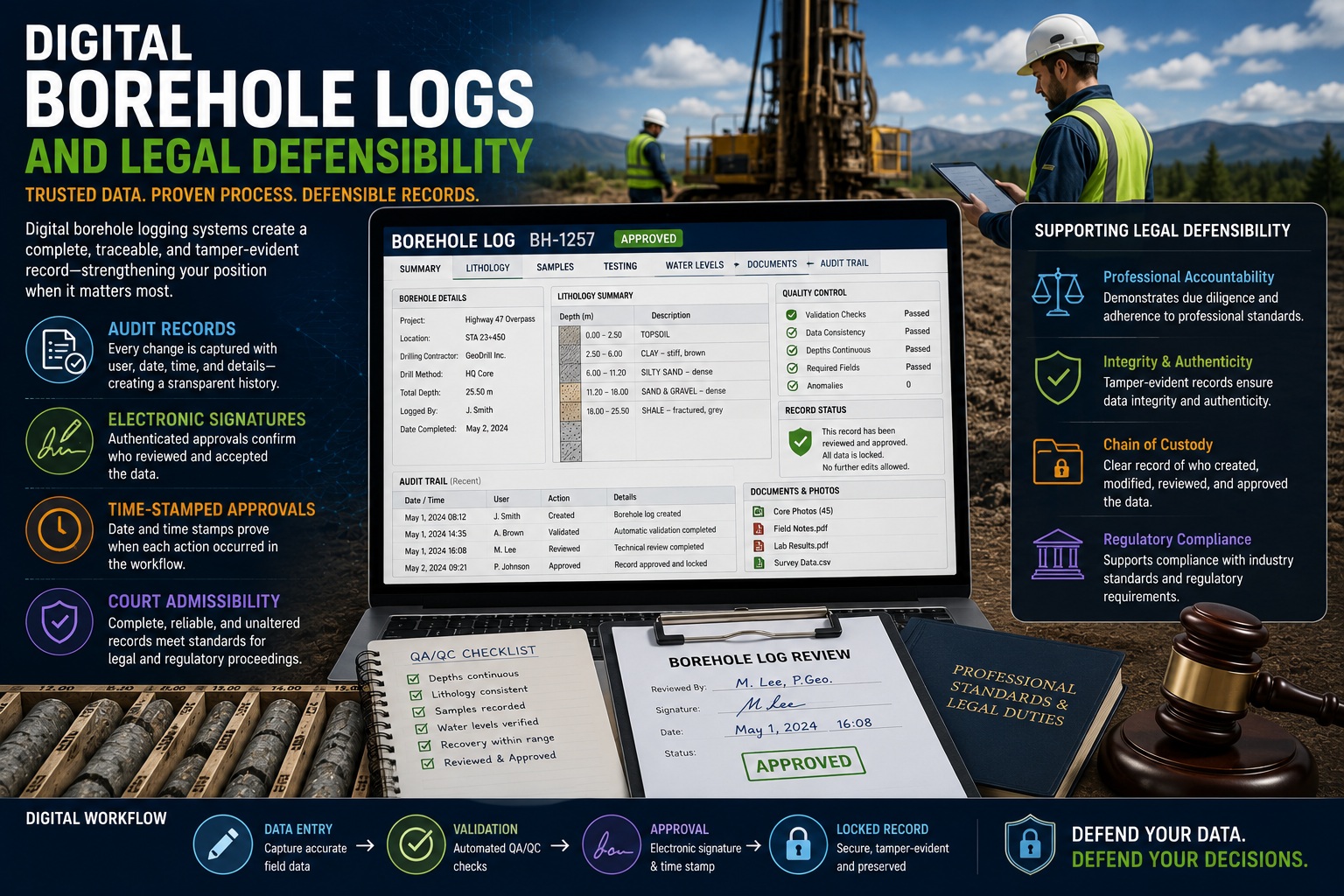 Digital borehole logs and legal defensibility featuring audit records, electronic signatures, time-stamped approvals, court admissibility, and QA/QC workflow management.
