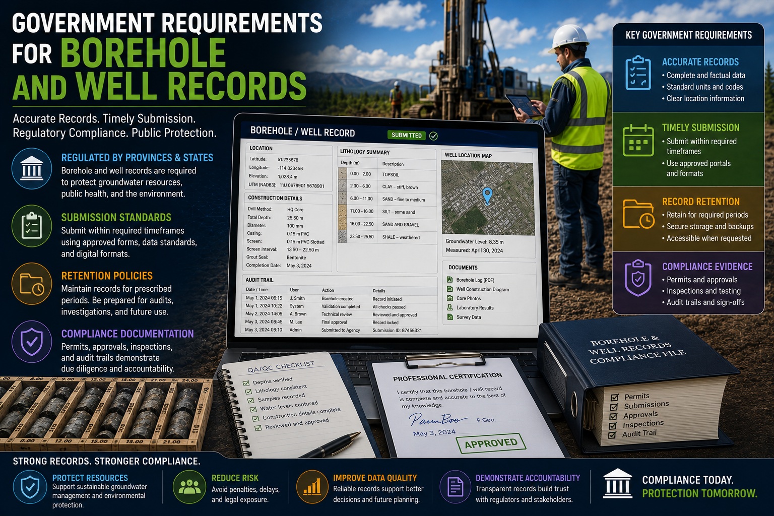 Government requirements for borehole and well records featuring regulatory compliance, submission standards, record retention policies, compliance documentation, and digital borehole data management.