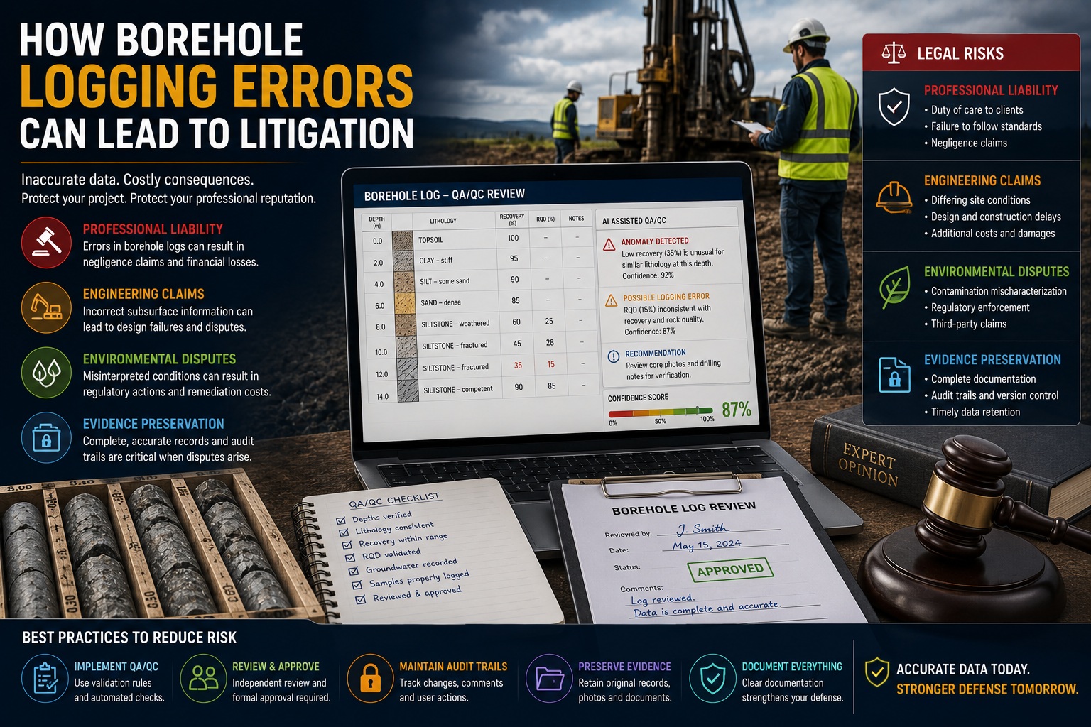 How borehole logging errors can lead to litigation showing professional liability risks, engineering claims, environmental disputes, evidence preservation, and borehole QA/QC review processes.