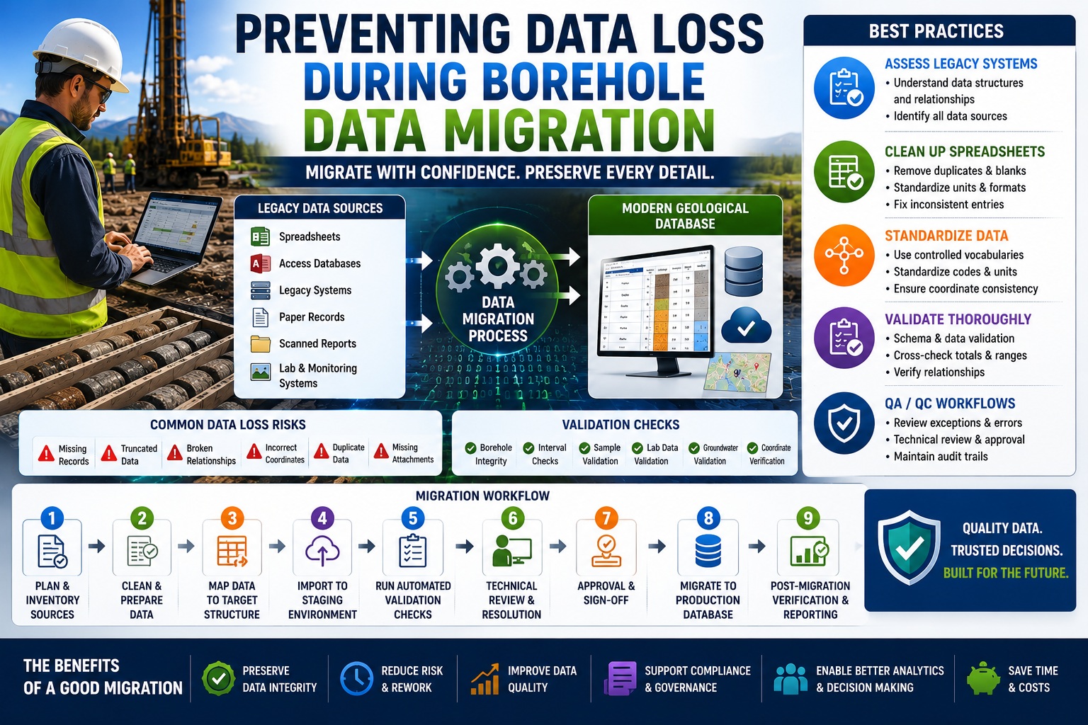 Preventing data loss during borehole data migration with legacy system assessment, spreadsheet cleanup, data standardization, validation procedures, and QA/QC workflows.