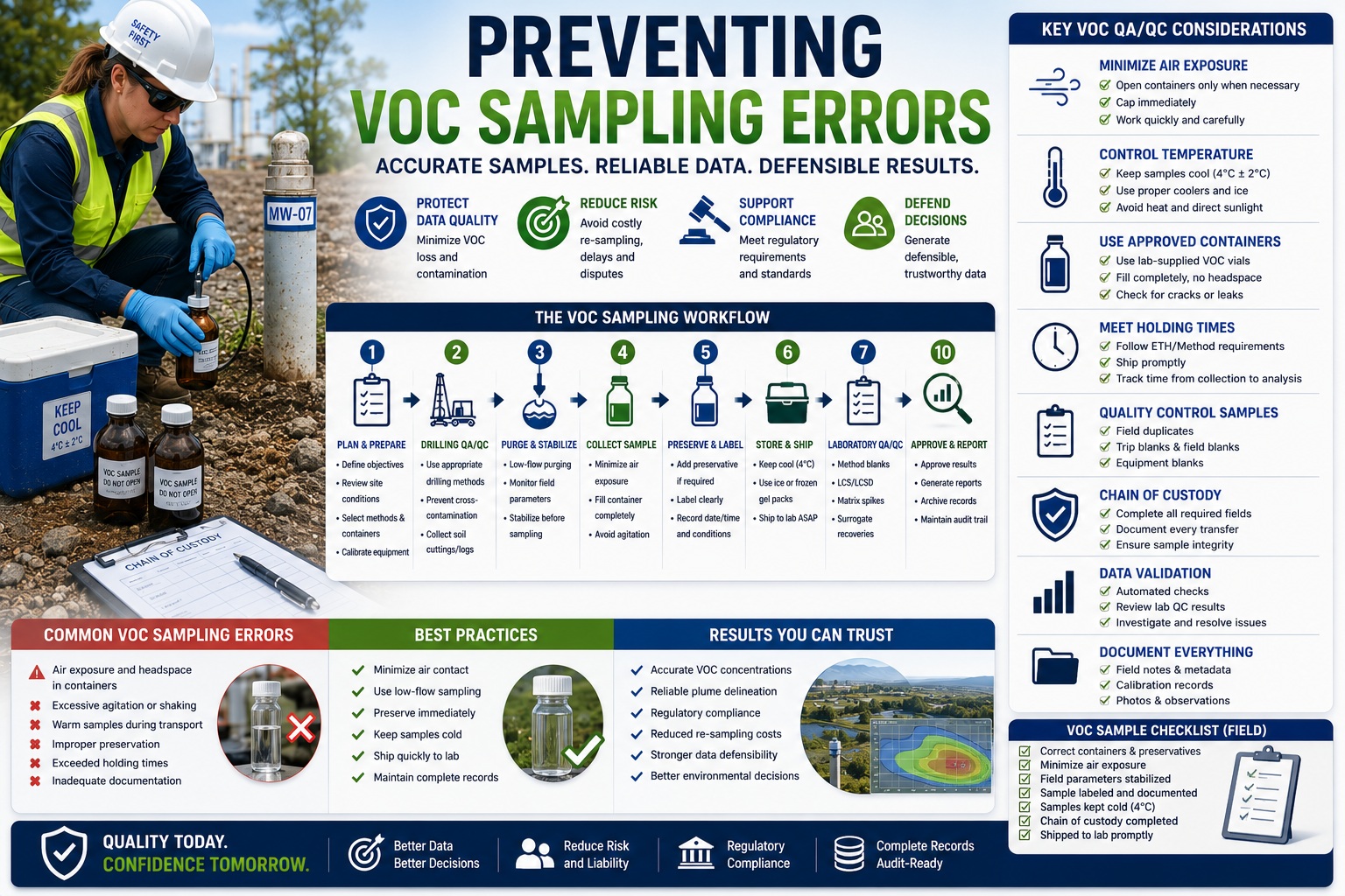 Preventing VOC sampling errors through proper soil and groundwater sampling, chain of custody, laboratory QA/QC, sample preservation, and environmental data validation.
