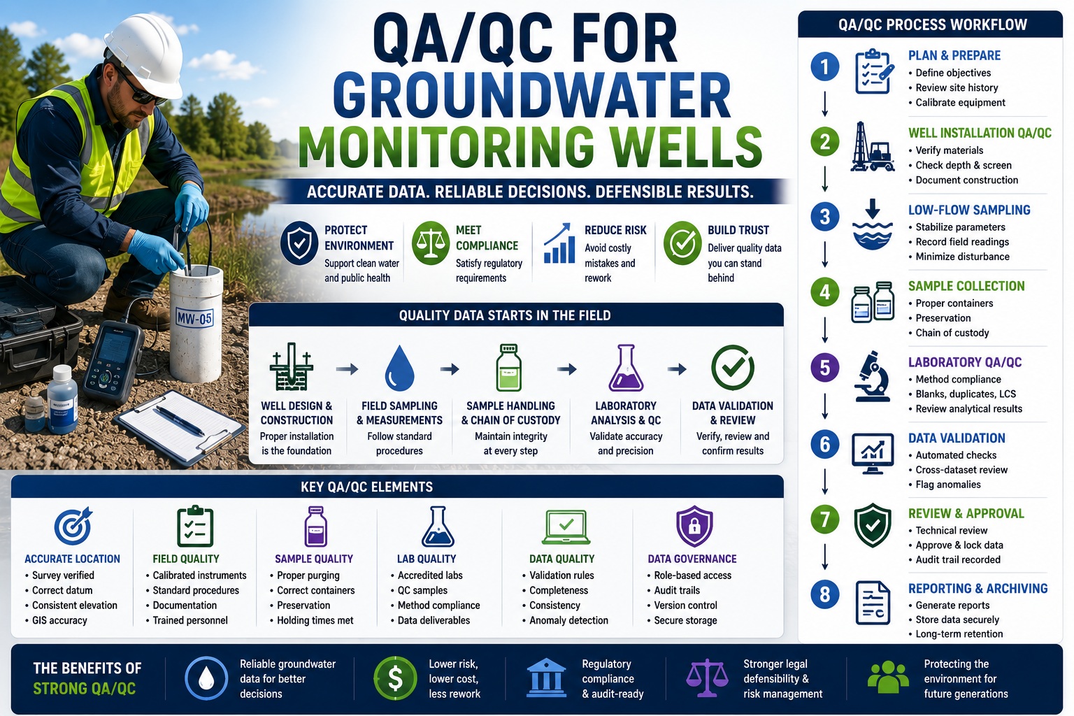 QA/QC for groundwater monitoring wells showing well construction, groundwater sampling, laboratory quality control, data validation, chain of custody, and environmental compliance.
