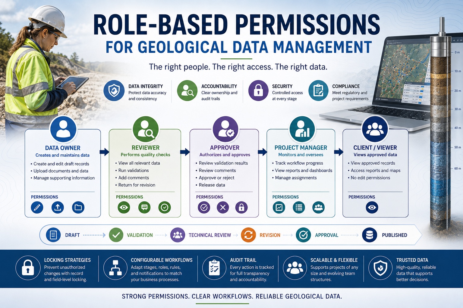 Role-based permissions workflow for geological data management showing data owner, reviewer, approver, project manager, and client access roles with validation, review, approval, and data governance controls.