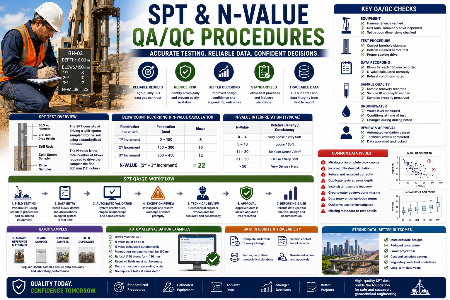 SPT and N-Value QA/QC procedures infographic showing Standard Penetration Test blow counts, N-value calculation, automated validation rules, and geotechnical quality assurance workflows.