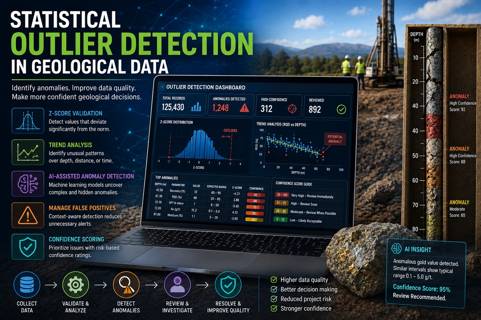 Statistical outlier detection in geological data featuring Z-score validation, trend analysis, AI-assisted anomaly detection, confidence scoring, and geological QA/QC dashboard.