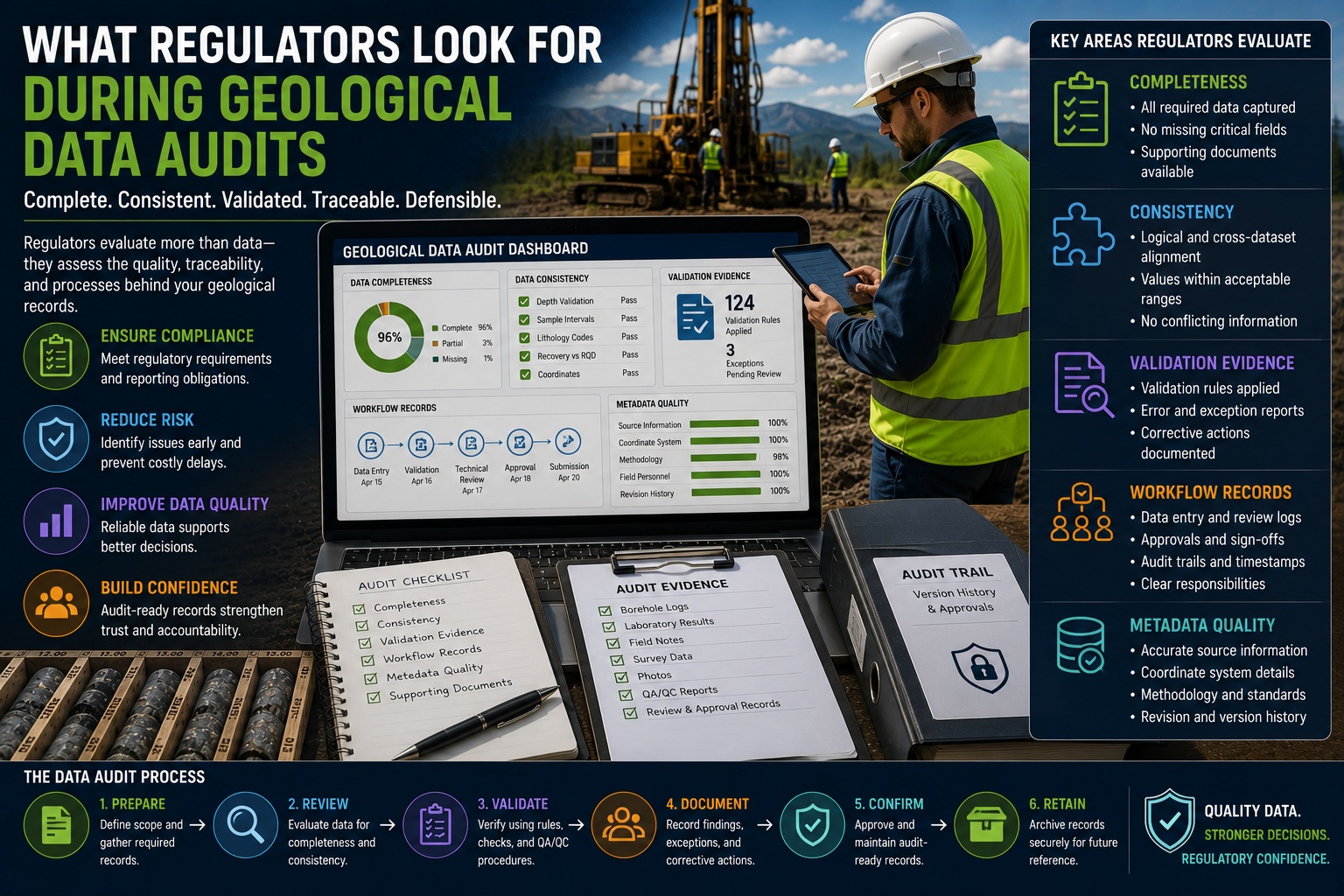 What regulators look for during geological data audits including completeness, consistency, validation evidence, workflow records, metadata quality, and geological QA/QC compliance.