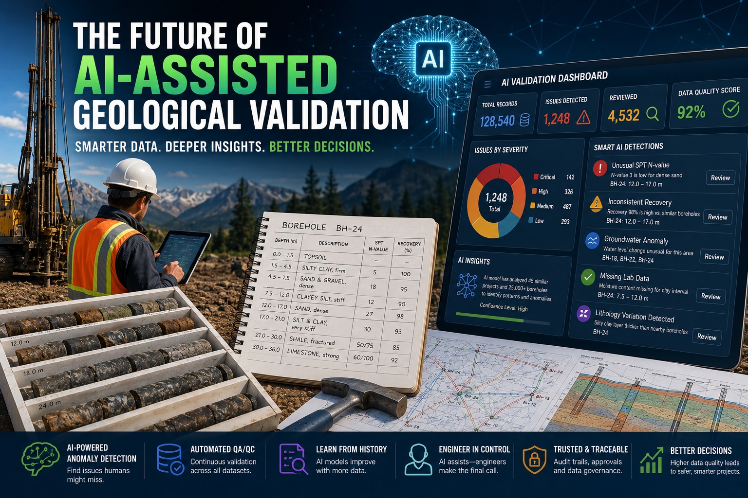 AI-powered geological validation dashboard analyzing borehole data, drill core samples, geological logs, and field information to identify anomalies and improve borehole QA/QC.