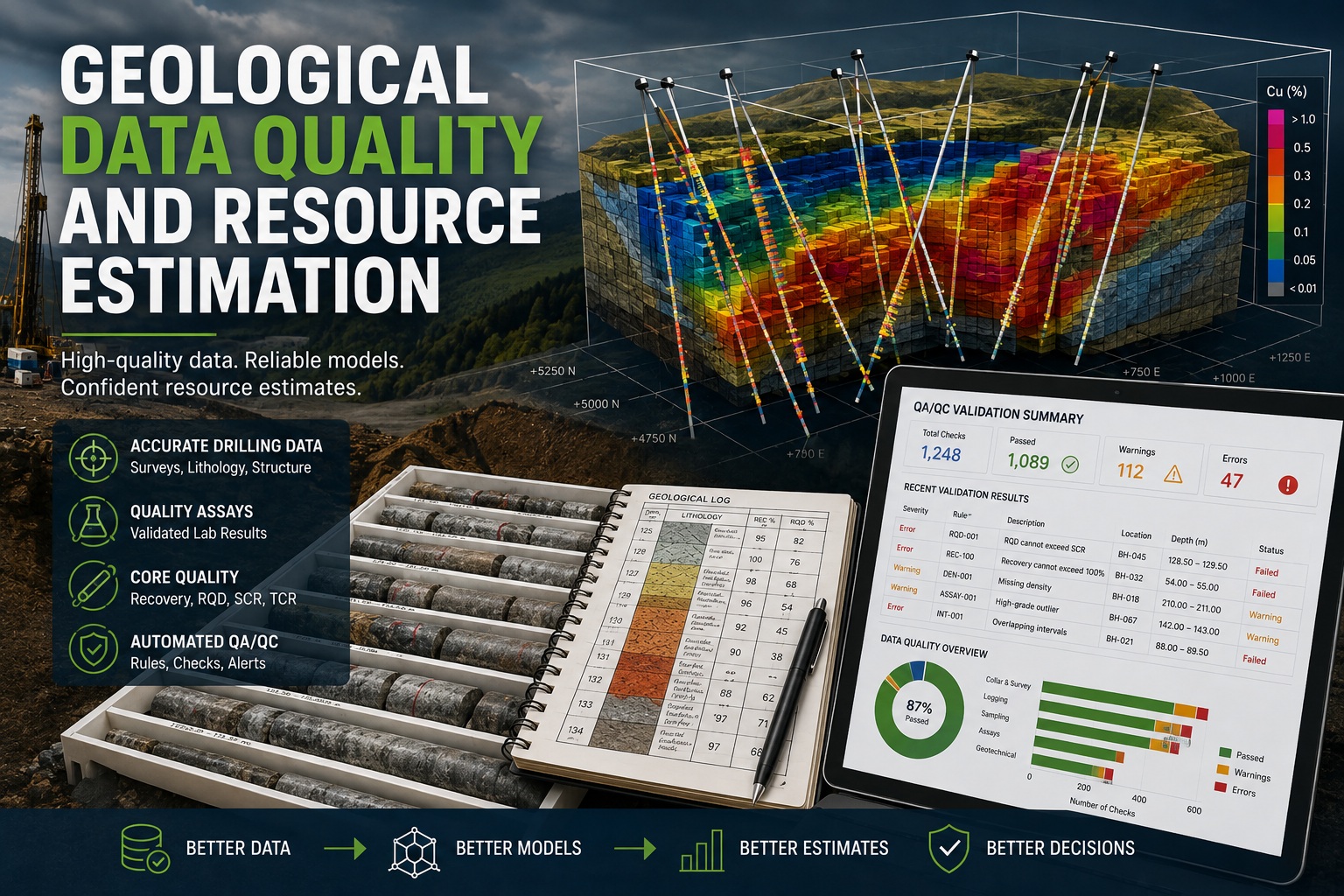 3D geological resource model with drillholes, core trays, geological logbook, and automated QA/QC dashboard illustrating the relationship between geological data quality and reliable resource estimation.