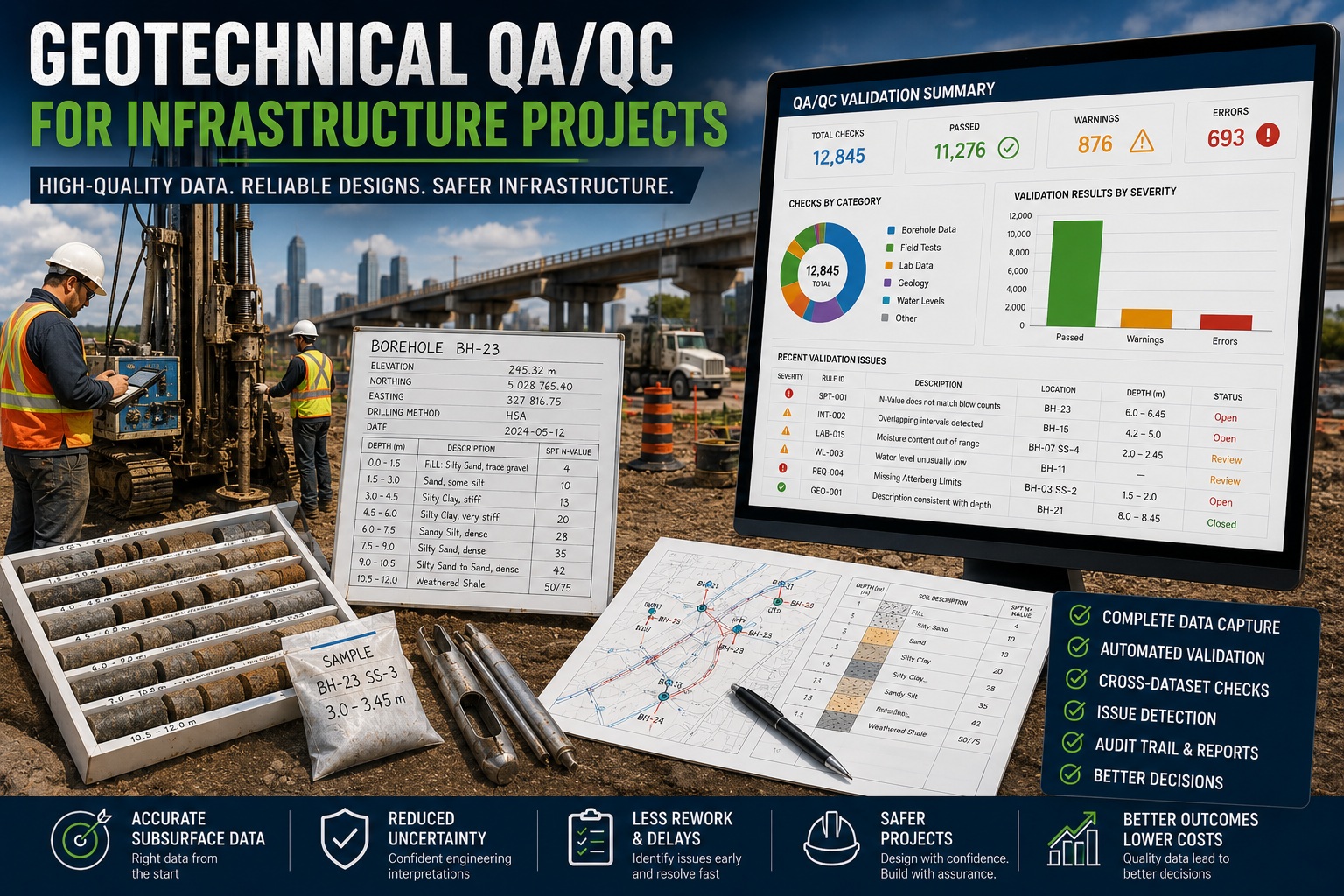 Geotechnical drilling rig, bridge construction project, borehole core trays, field logs, and QA/QC validation dashboard illustrating automated geotechnical quality assurance for infrastructure projects.