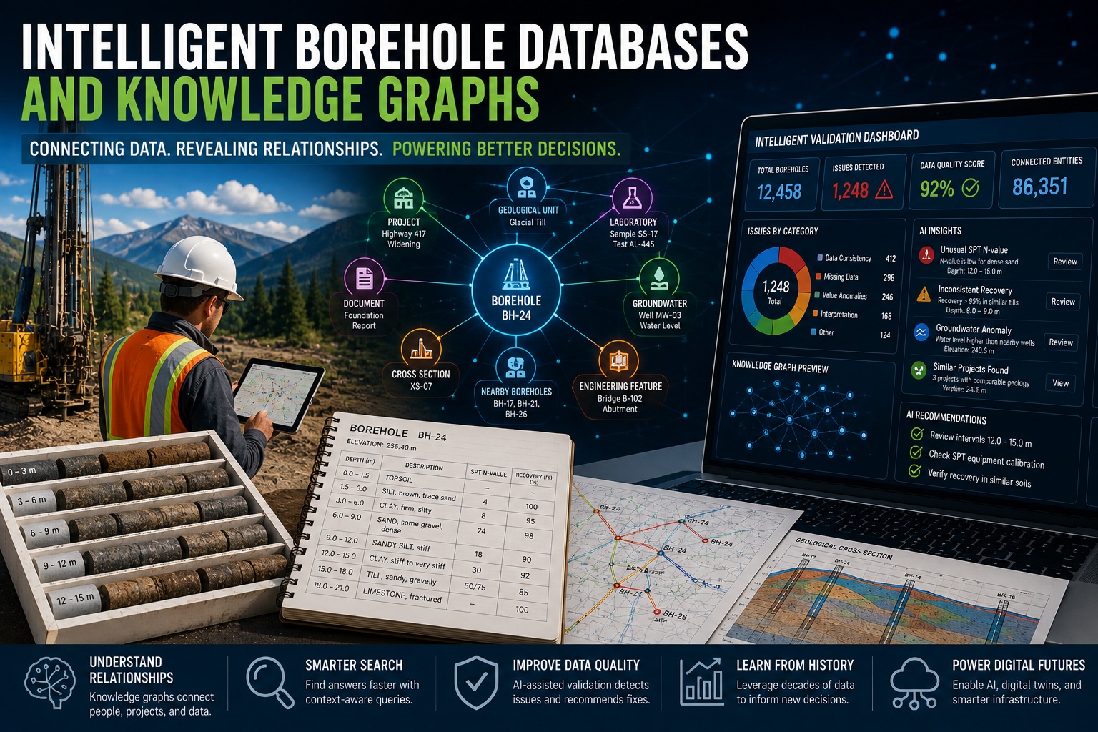 Intelligent borehole database visualizing a knowledge graph that connects boreholes, geological units, laboratory results, infrastructure assets, and AI-powered validation dashboards.