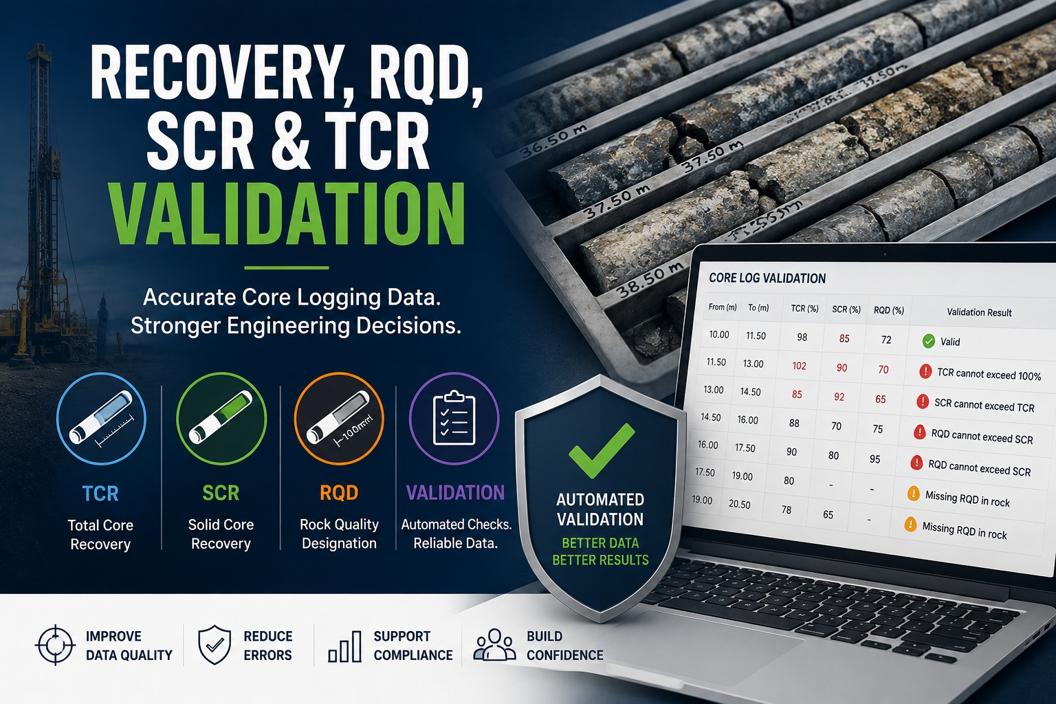 Automated validation of Recovery, RQD, SCR, and TCR values for rock core logging with drill core boxes and geological QA/QC dashboard.