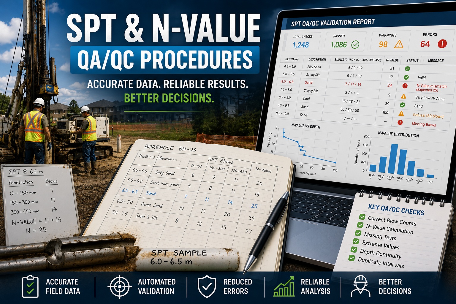 Geotechnical drilling rig, SPT split-spoon sampler, borehole log, N-value calculations, and automated QA/QC validation dashboard illustrating Standard Penetration Test quality assurance procedures.