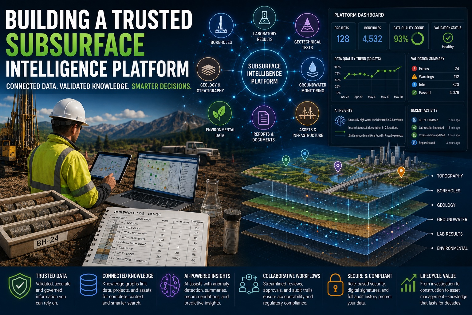 Trusted subsurface intelligence platform connecting boreholes, geological data, laboratory results, groundwater monitoring, AI validation, and infrastructure assets through an integrated digital engineering dashboard.