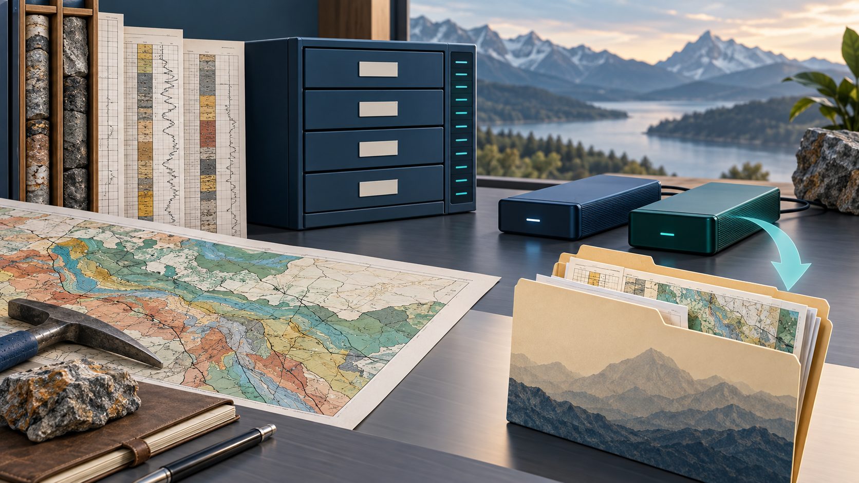 Conceptual geoscience archive with project records, separate backup storage and a recovered project folder.